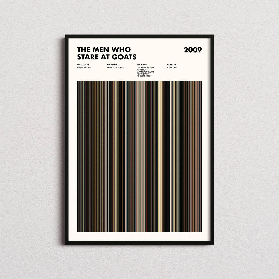 The Men Who Stare at Goats Movie Barcode Poster framed on a plain studio wall