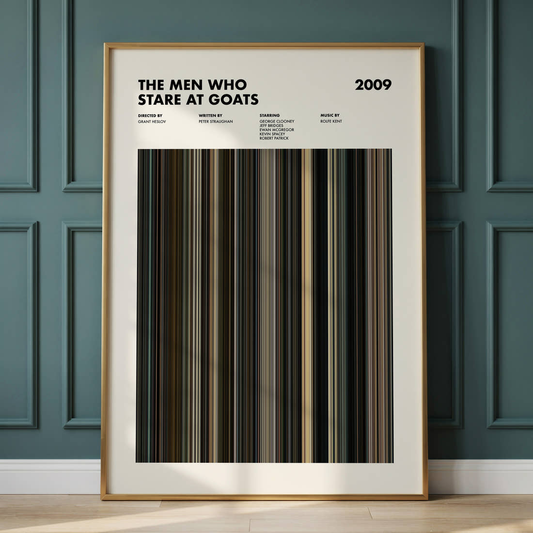 The Men Who Stare at Goats Movie Barcode Poster framed and leaning against a panelled wall