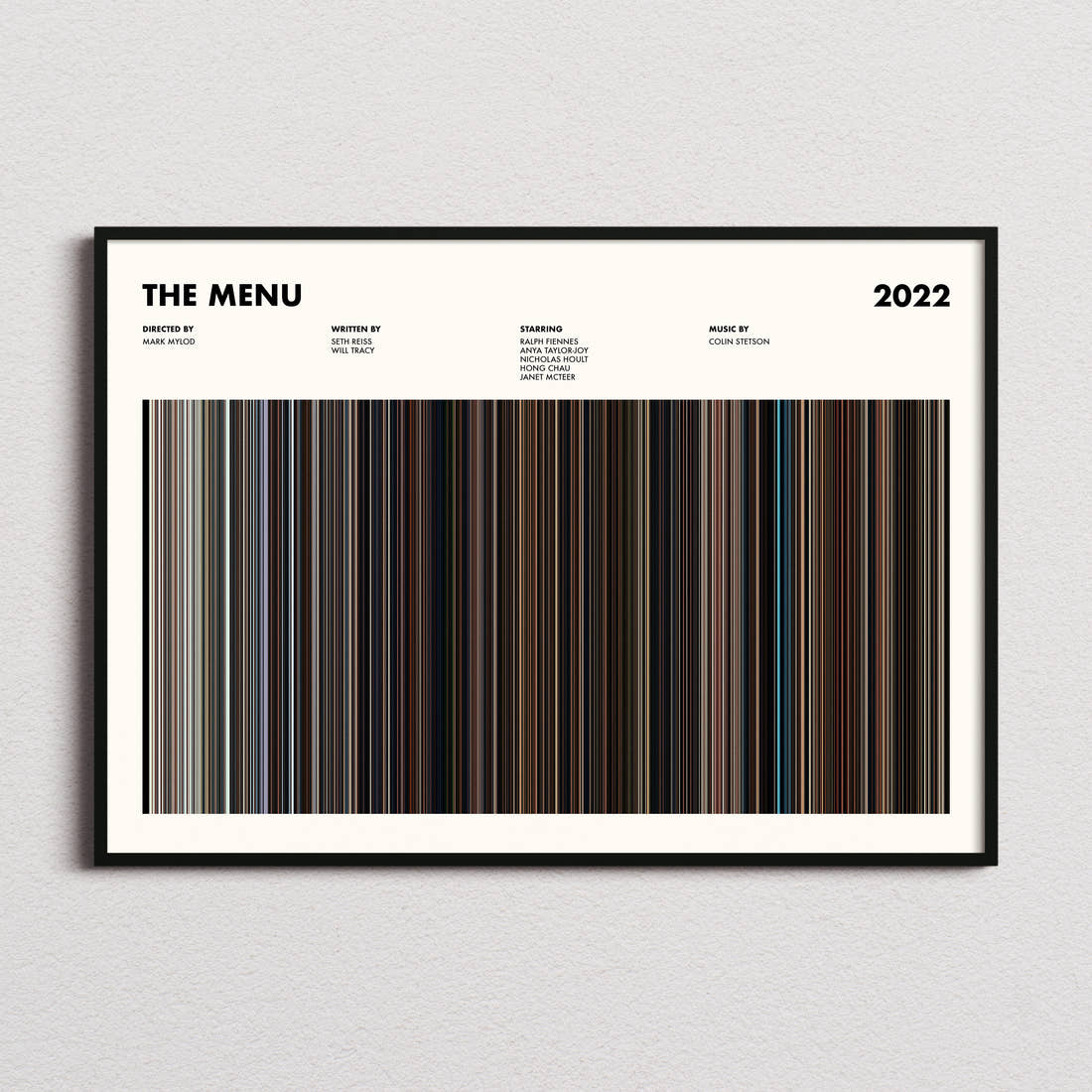 The Menu Movie Barcode Poster framed and photographed straight on