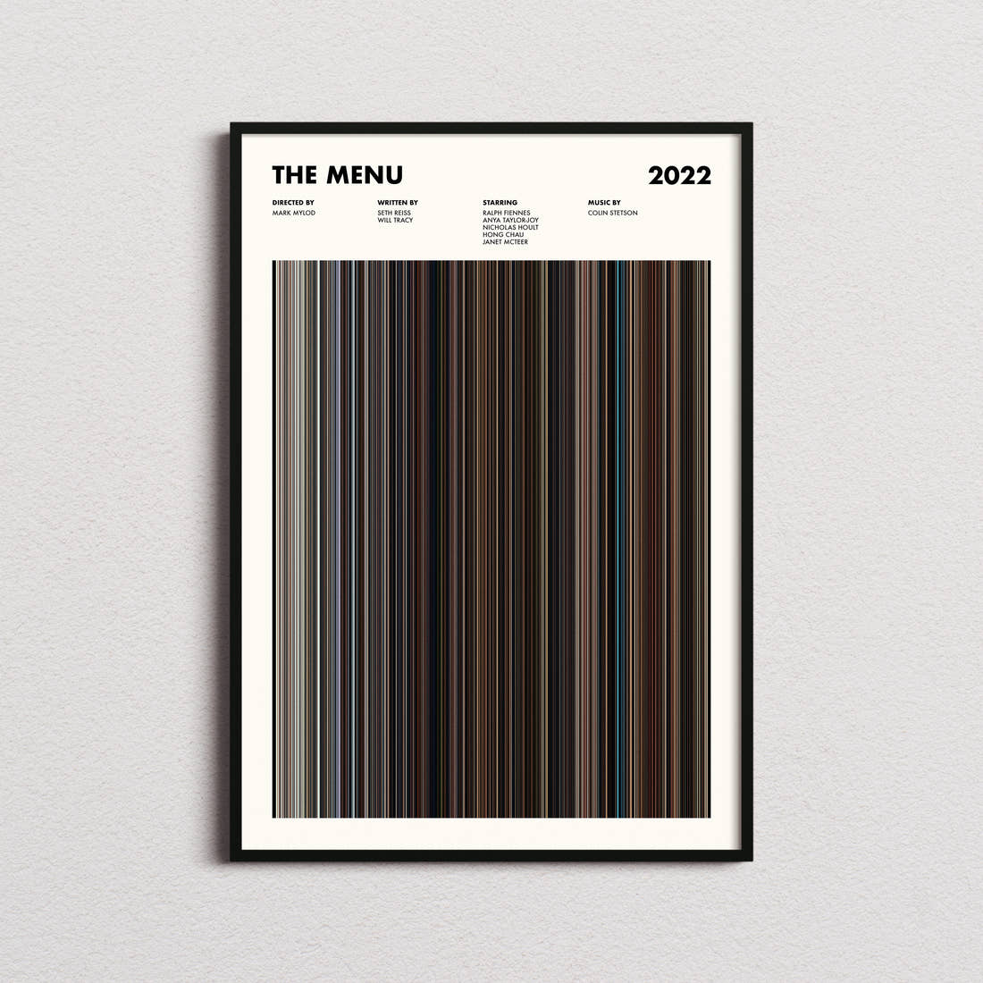 The Menu Movie Barcode Poster framed on a plain studio wall