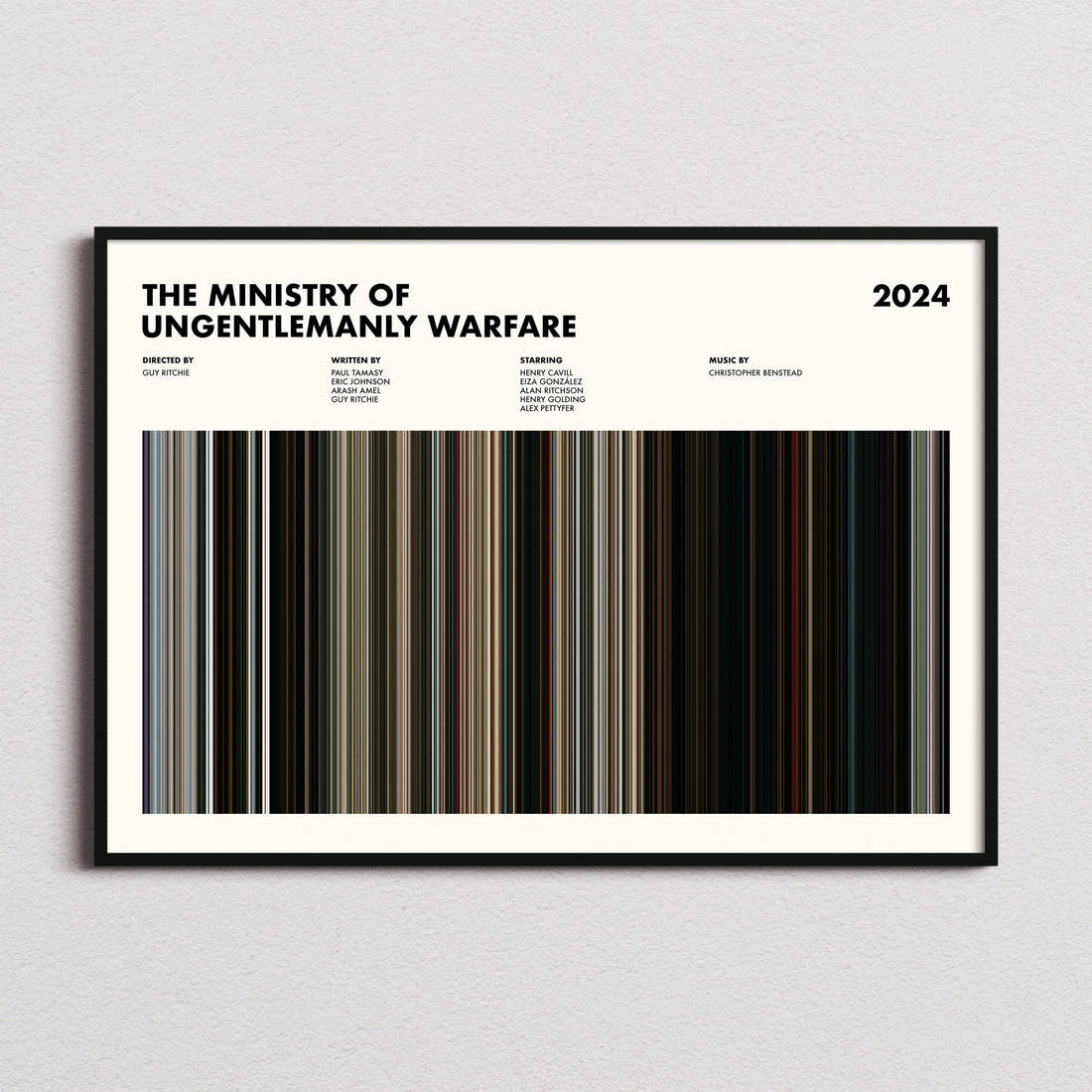 The Ministry of Ungentlemanly Warfare Movie Barcode Poster framed and photographed straight on