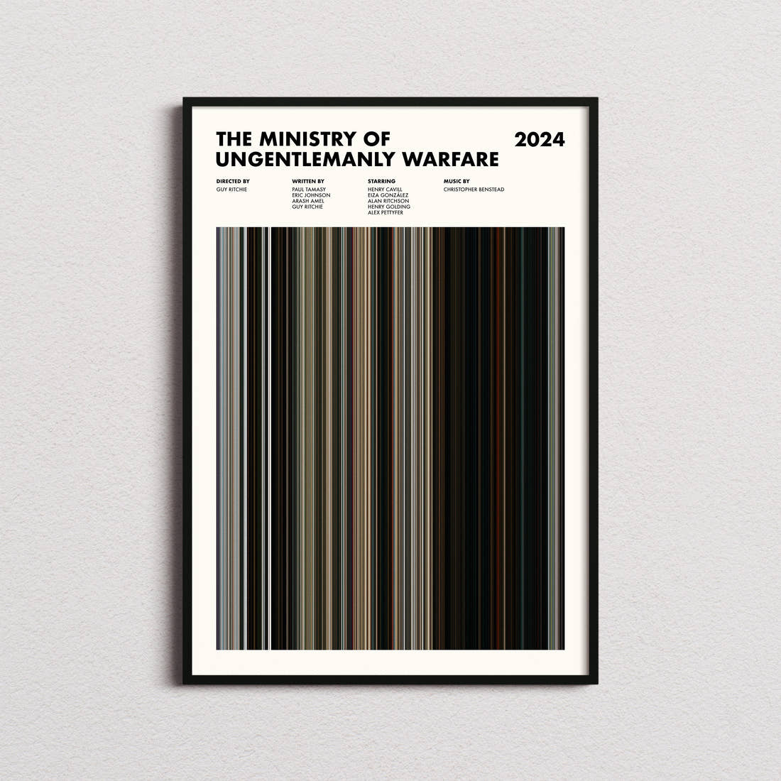 The Ministry of Ungentlemanly Warfare Movie Barcode Poster framed on a plain studio wall
