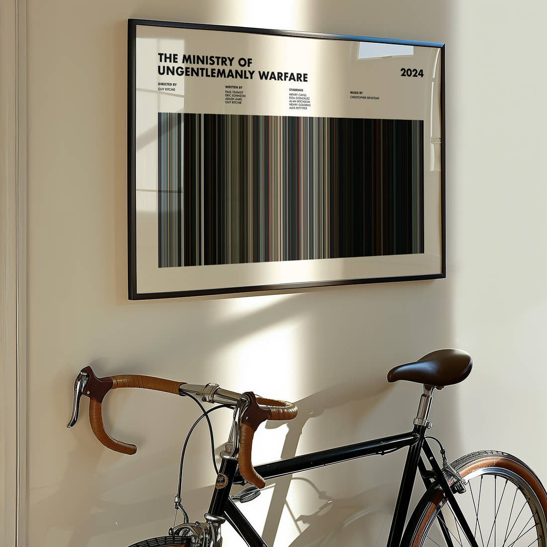 The Ministry of Ungentlemanly Warfare Movie Barcode Poster framed on the wall of a styled room setting