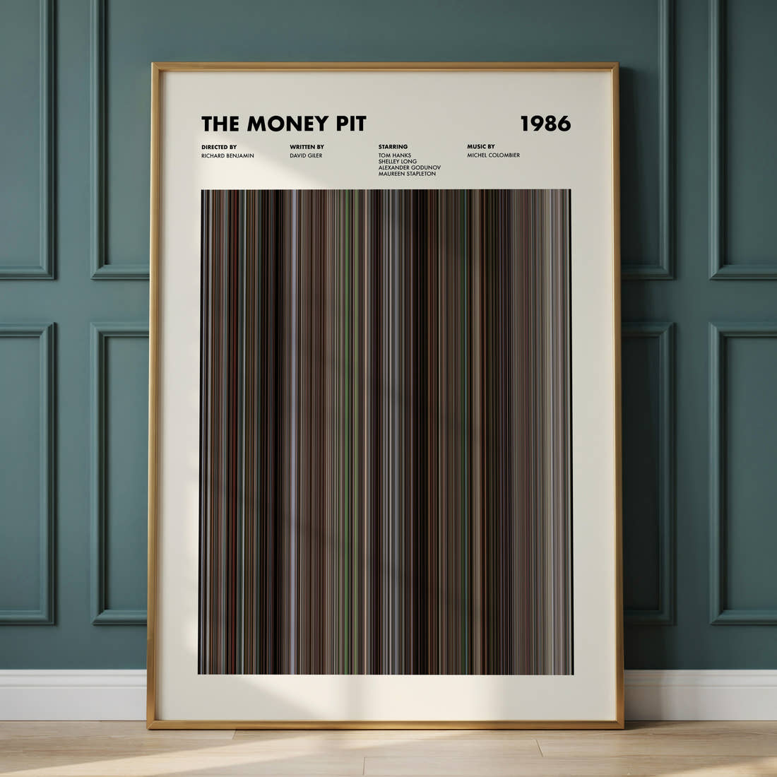 The Money Pit Movie Barcode Poster framed and leaning against a panelled wall