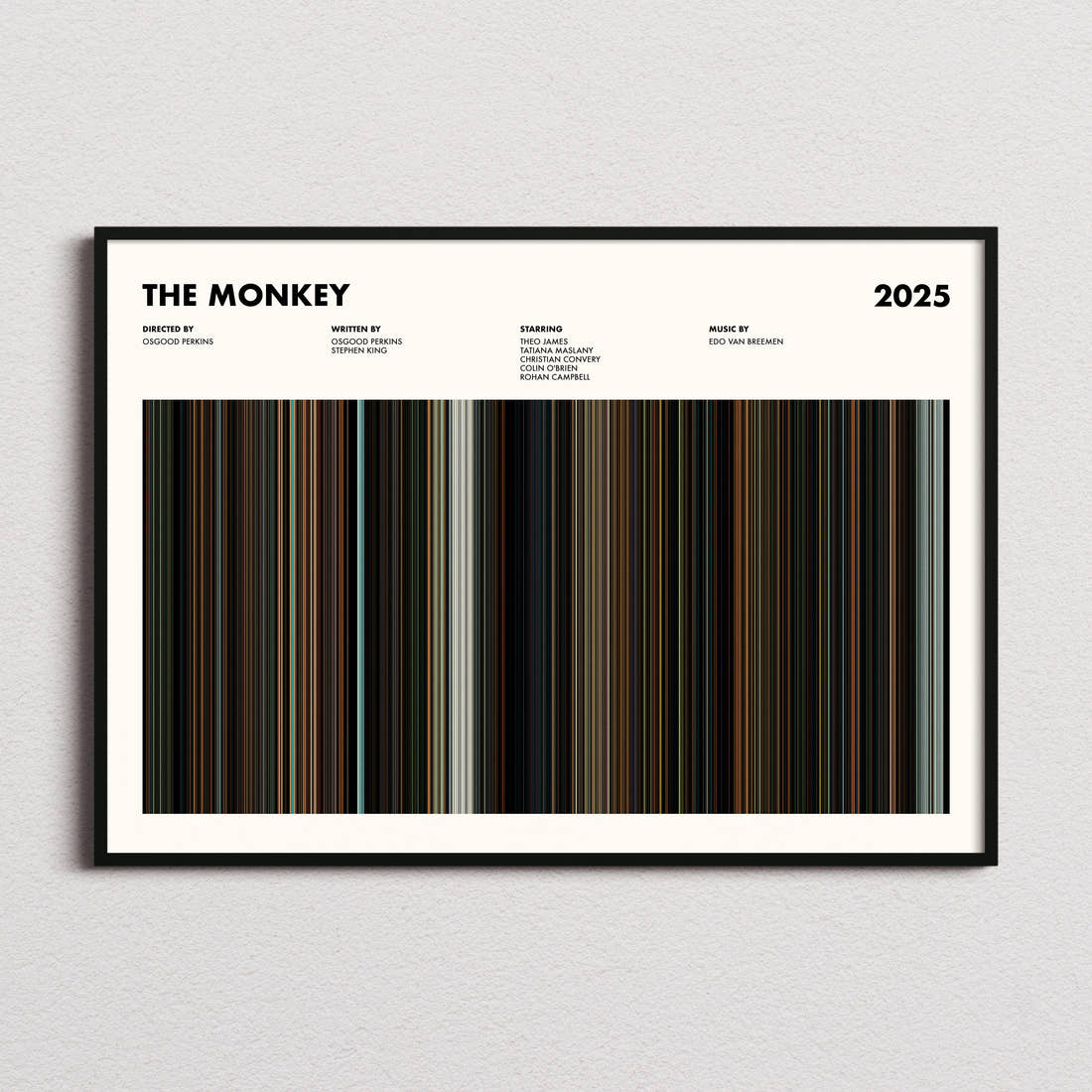 The Monkey Movie Barcode Poster framed and photographed straight on