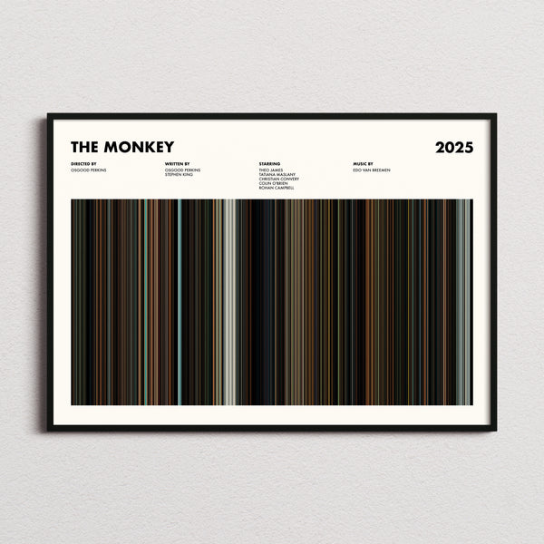 The Monkey Movie Barcode Poster framed and photographed straight on