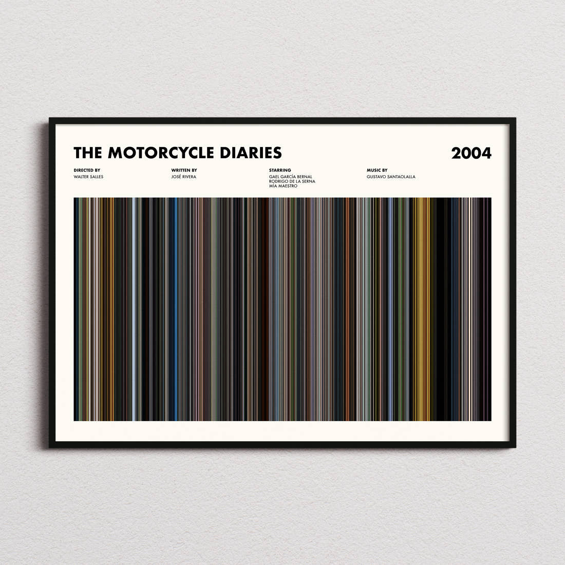 The Motorcycle Diaries Movie Barcode Poster framed and photographed straight on