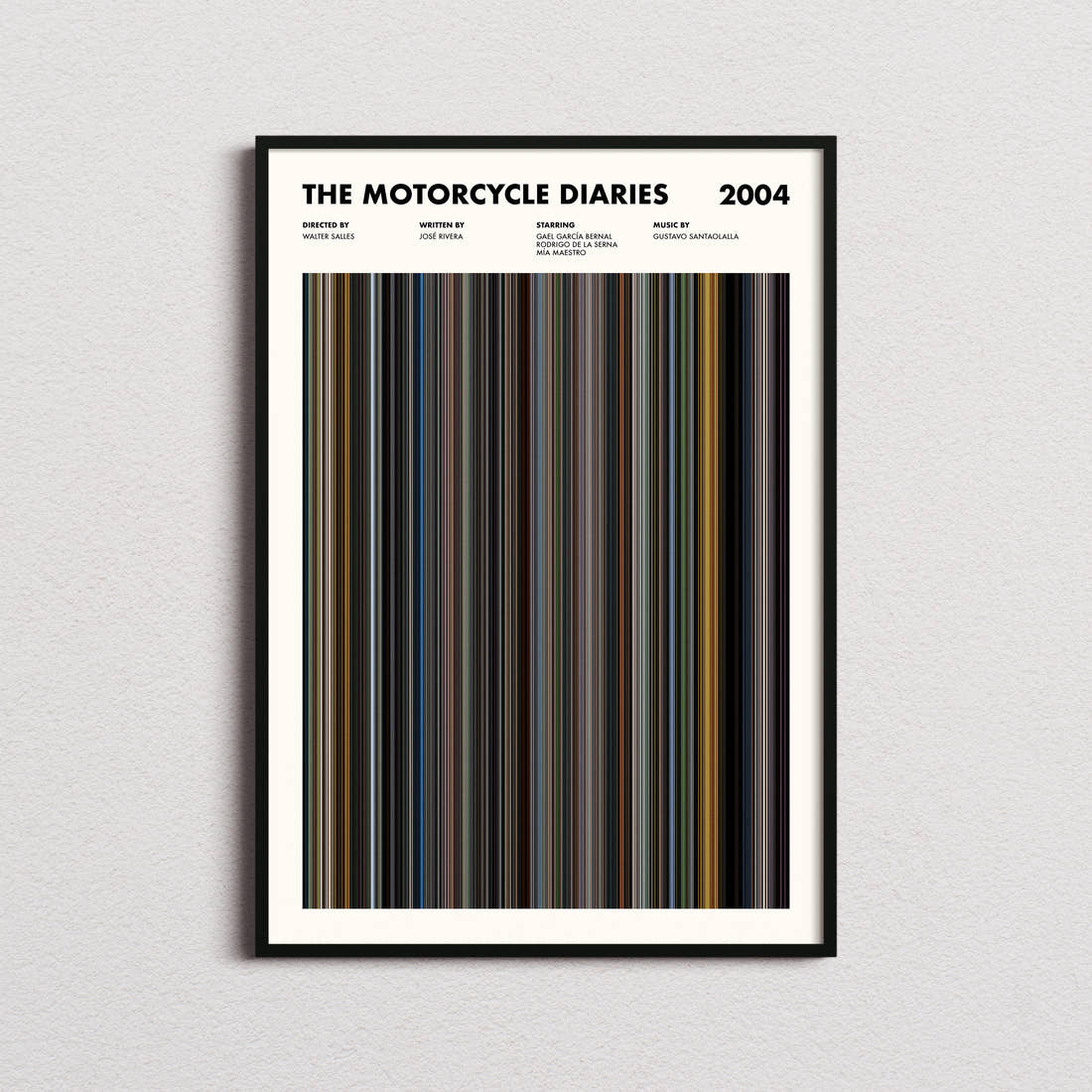 The Motorcycle Diaries Movie Barcode Poster framed on a plain studio wall