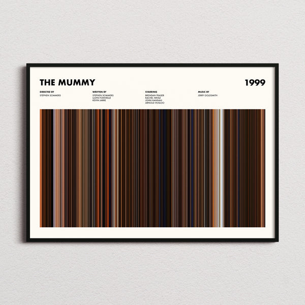 The Mummy Movie Barcode Poster framed and photographed straight on