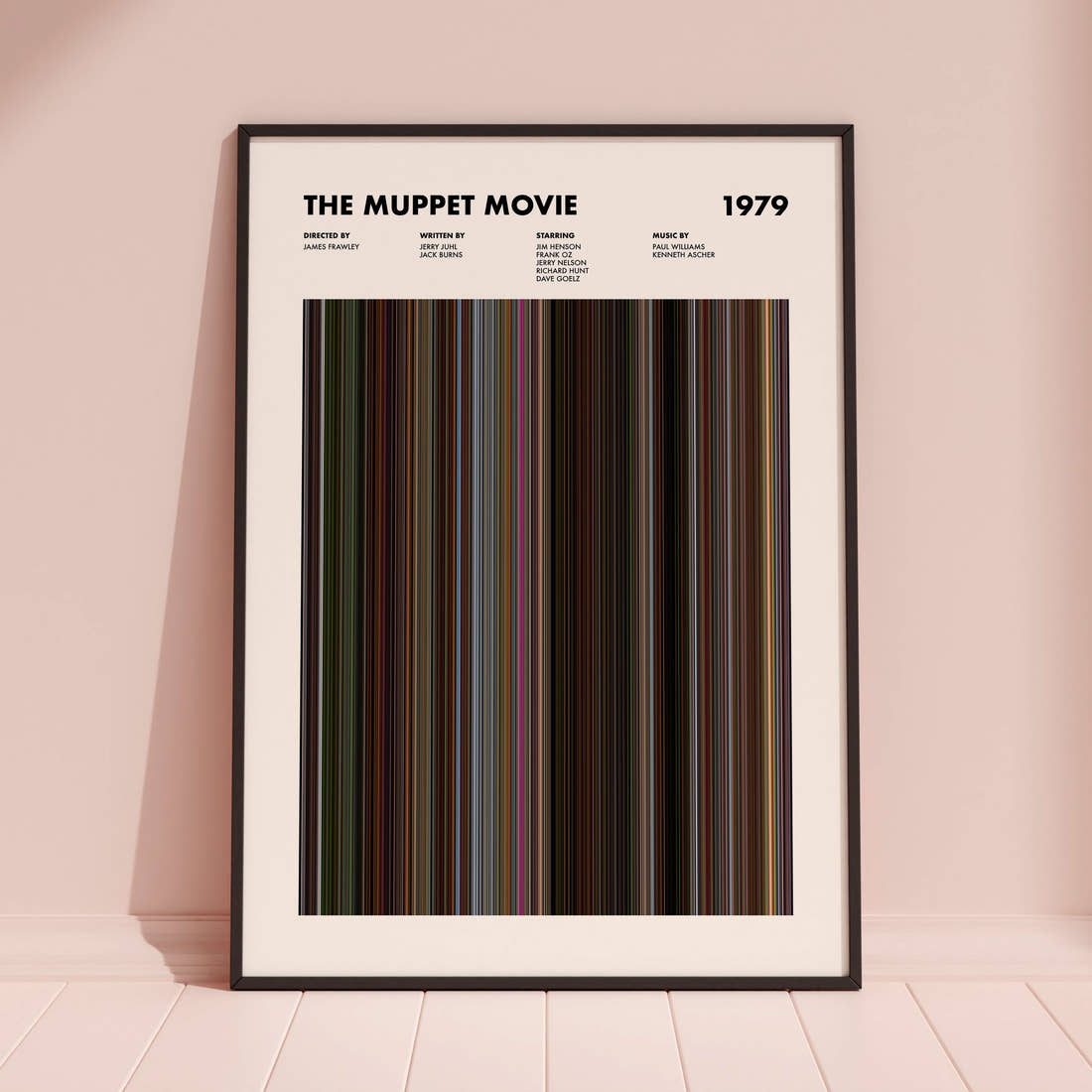 The Muppet Movie Barcode Poster framed and leaning against a coloured wall