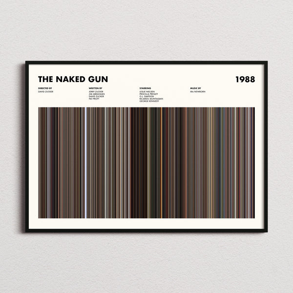The Naked Gun Movie Barcode Poster framed and photographed straight on