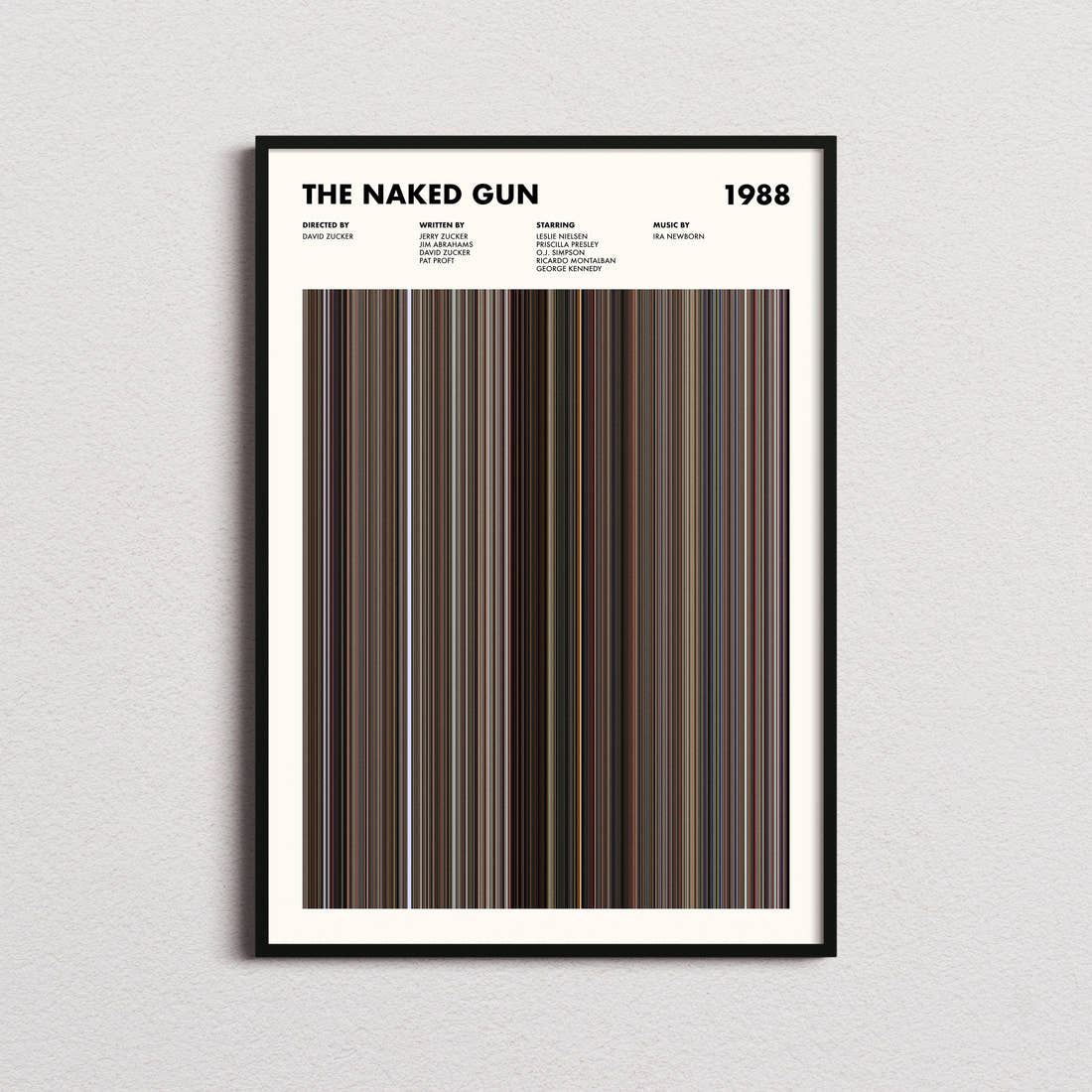 The Naked Gun Movie Barcode Poster framed on a plain studio wall