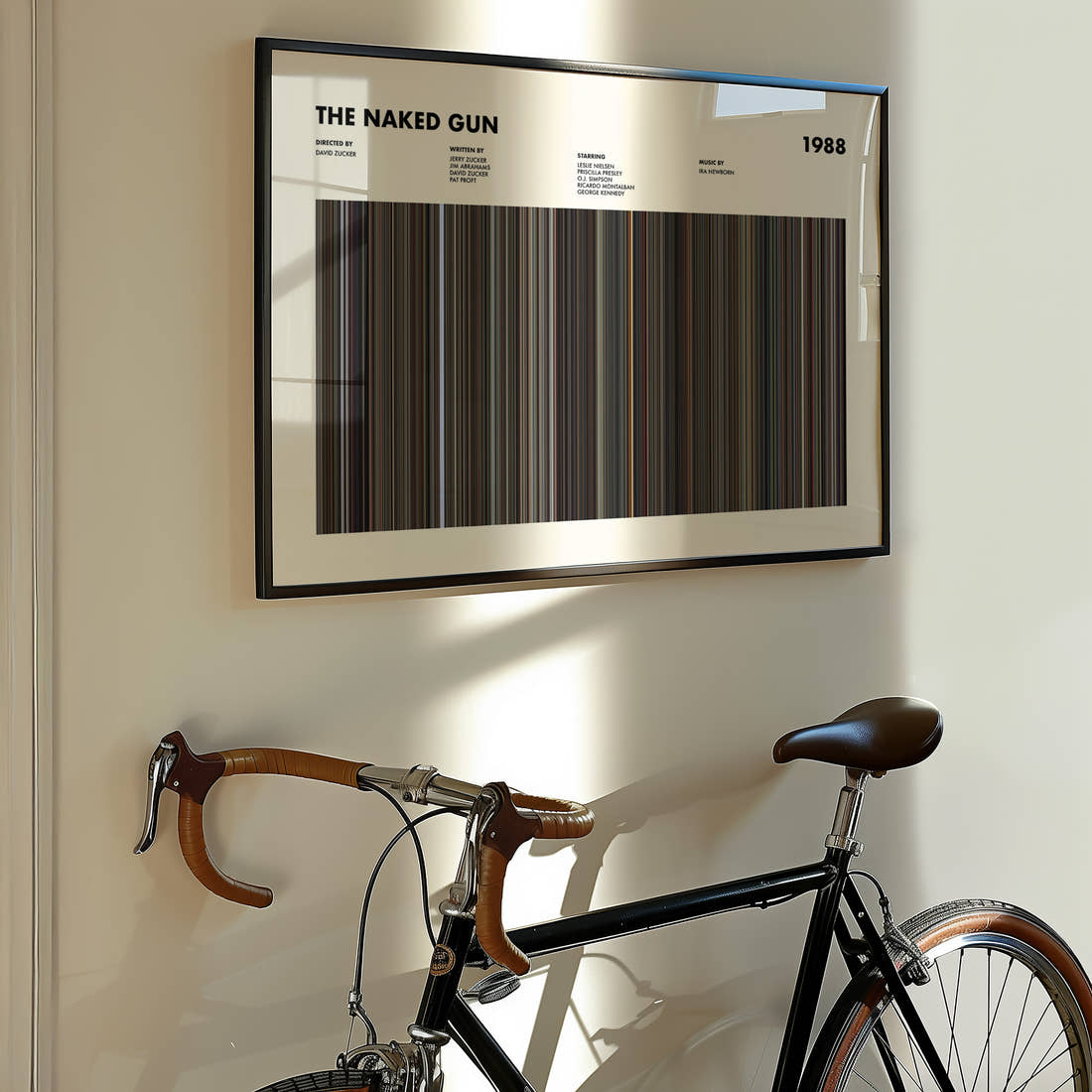 The Naked Gun Movie Barcode Poster framed on the wall of a styled room setting