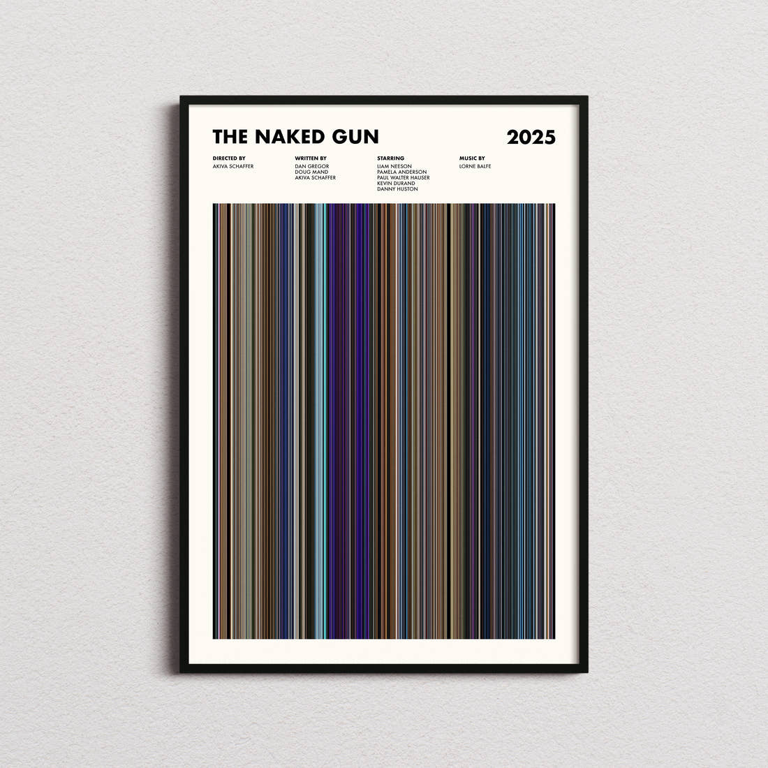 The Naked Gun (2025) Movie Barcode Poster framed on a plain studio wall