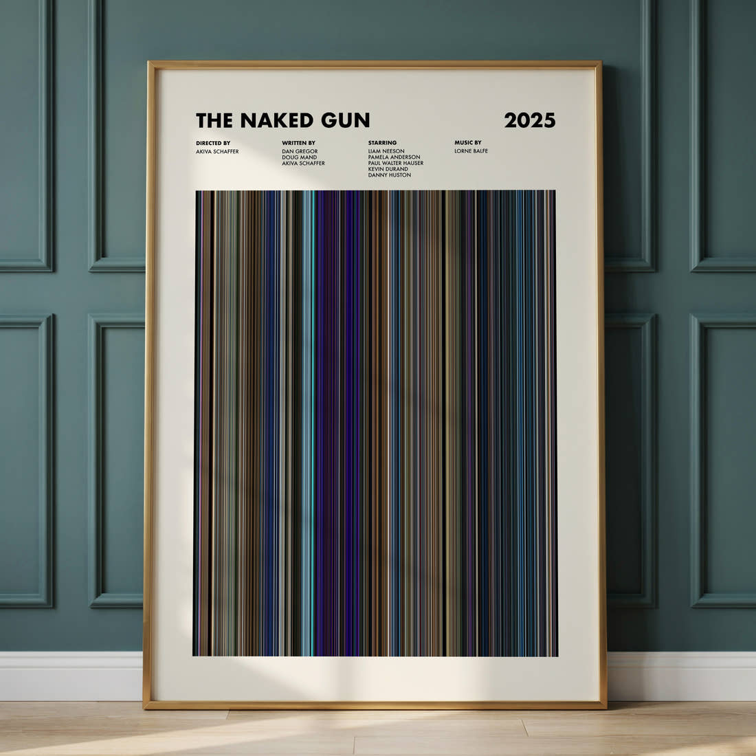 The Naked Gun (2025) Movie Barcode Poster framed and leaning against a panelled wall