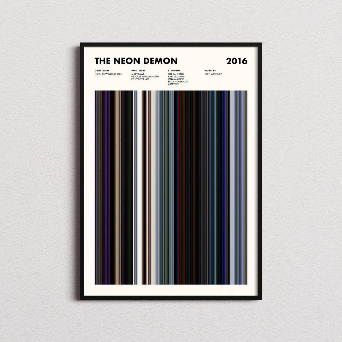 The Neon Demon Movie Barcode Poster framed on a plain studio wall