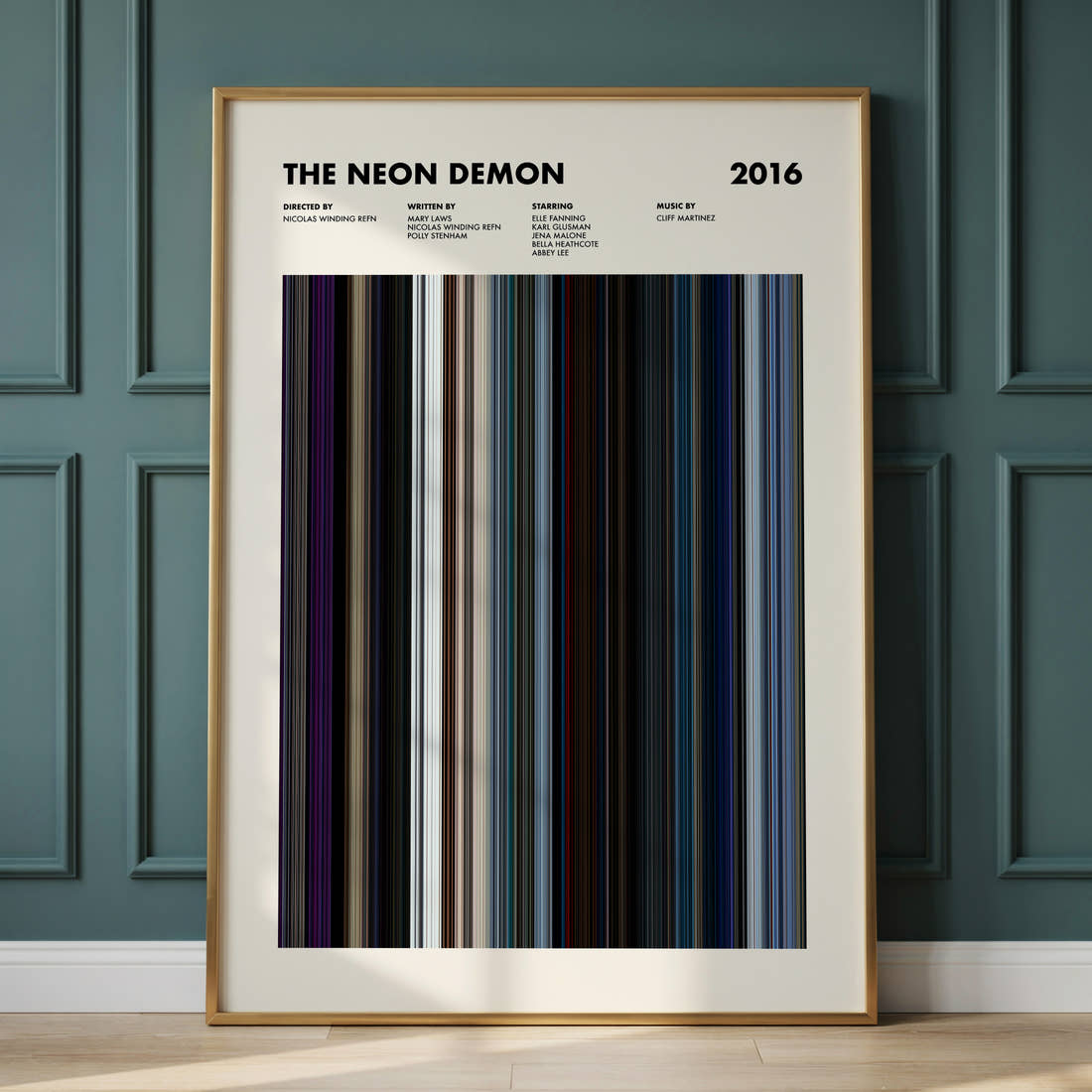 The Neon Demon Movie Barcode Poster framed and leaning against a panelled wall