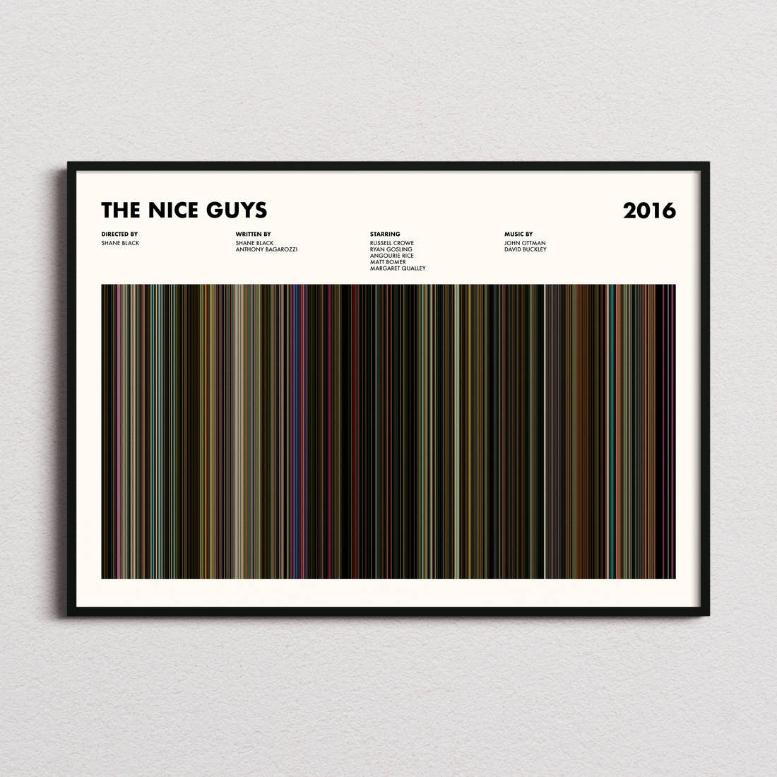 The Nice Guys Movie Barcode Poster framed and photographed straight on