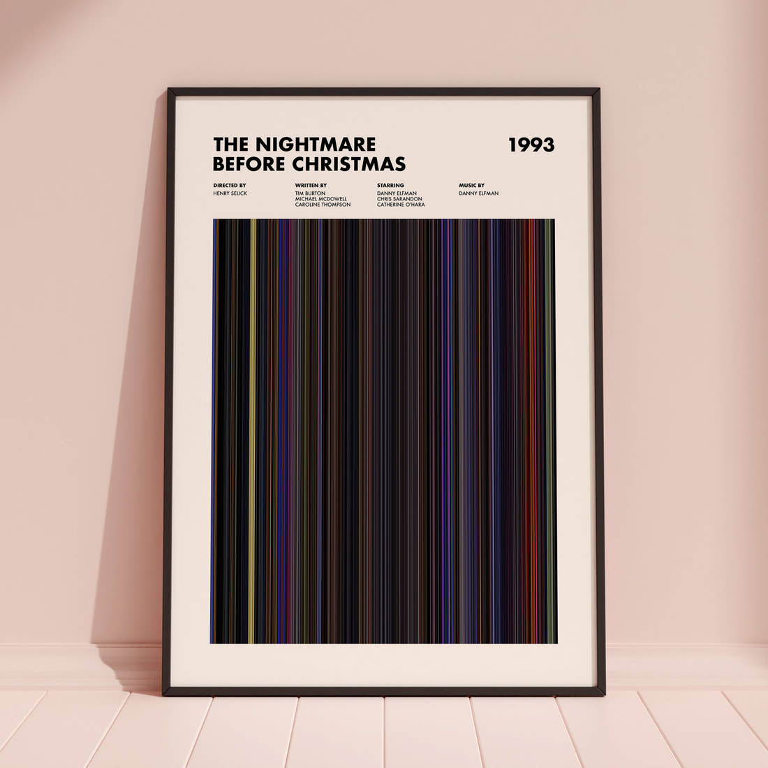 The Nightmare Before Christmas Movie Barcode Poster framed and leaning against a coloured wall
