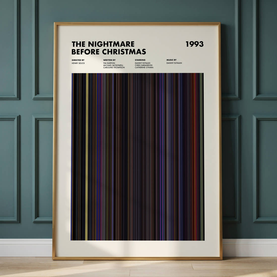 The Nightmare Before Christmas Movie Barcode Poster framed and leaning against a panelled wall