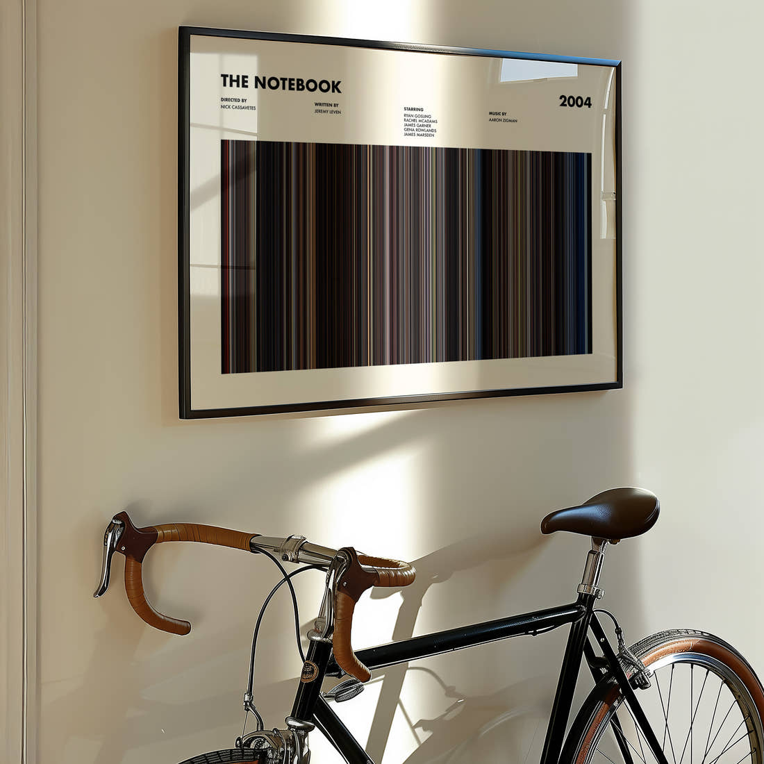 The Notebook Movie Barcode Poster framed on the wall of a styled room setting