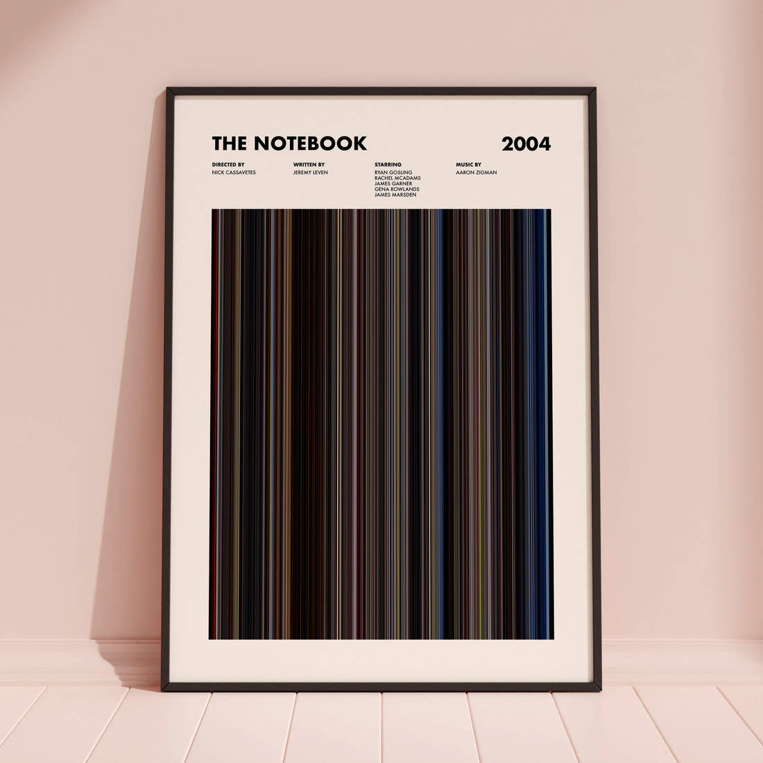 The Notebook Movie Barcode Poster framed and leaning against a coloured wall