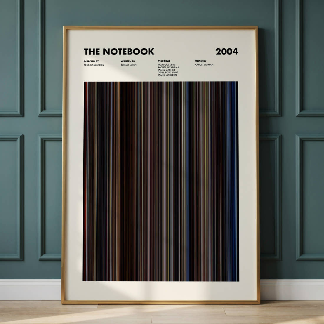 The Notebook Movie Barcode Poster framed and leaning against a panelled wall