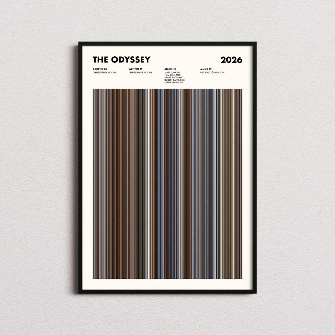 The Odyssey Movie Barcode Poster framed on a plain studio wall