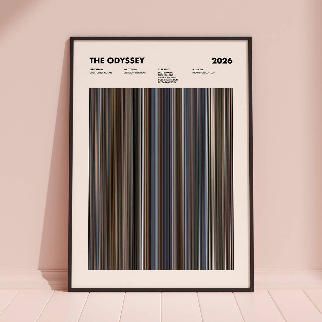 The Odyssey Movie Barcode Poster framed and leaning against a coloured wall