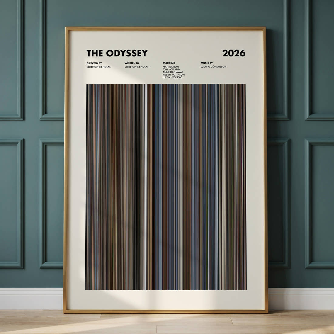 The Odyssey Movie Barcode Poster framed and leaning against a panelled wall