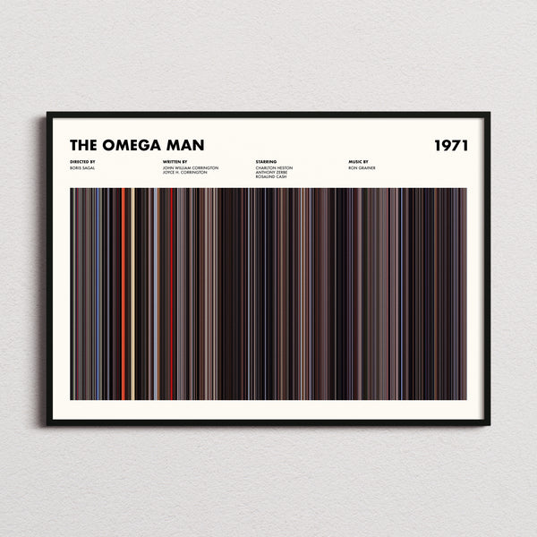 The Omega Man Movie Barcode Poster framed and photographed straight on