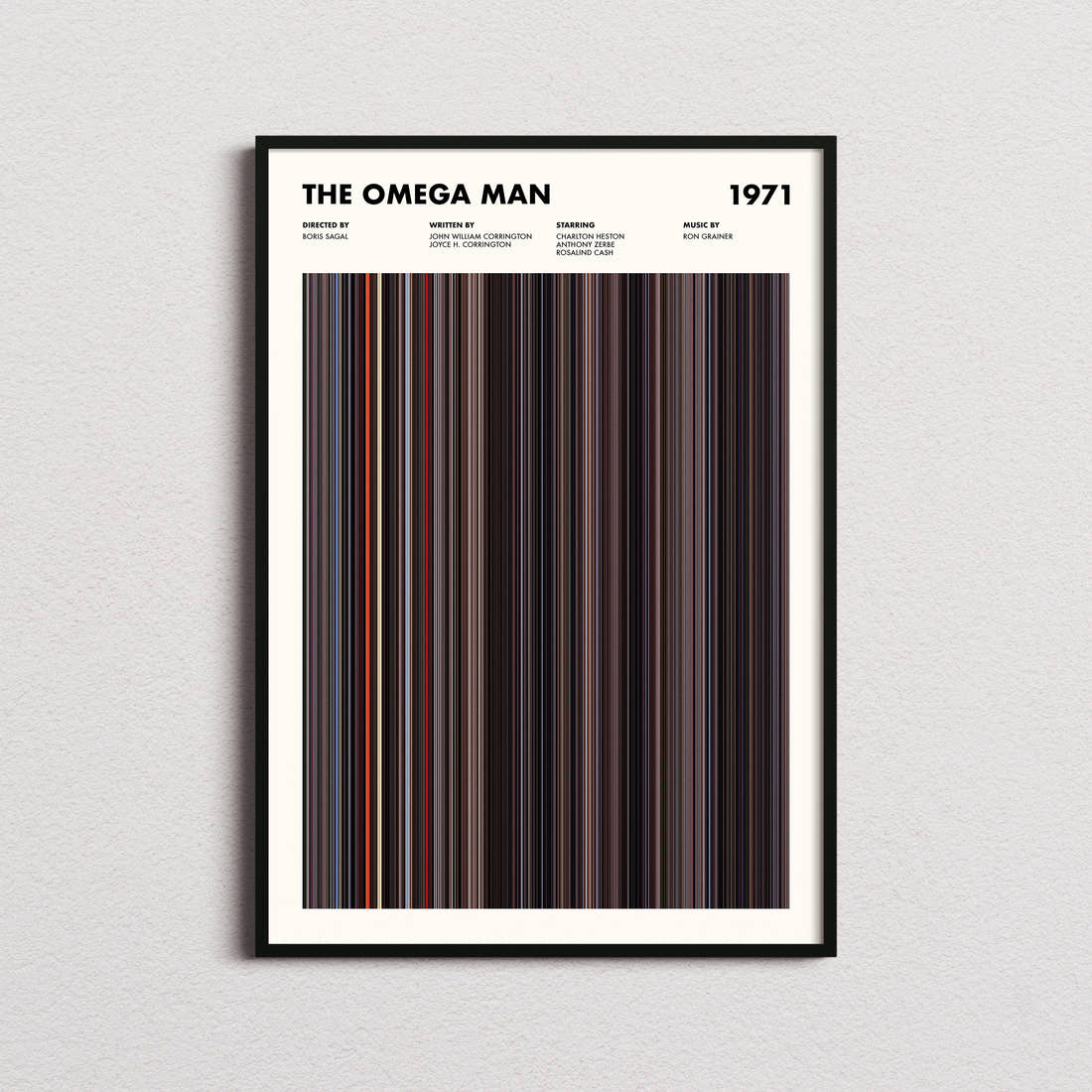 The Omega Man Movie Barcode Poster framed on a plain studio wall