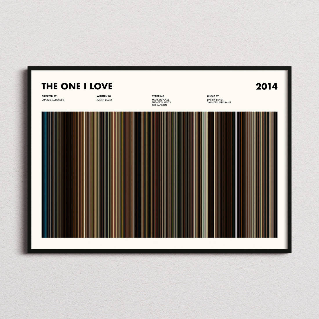 The One I Love Movie Barcode Poster framed and photographed straight on