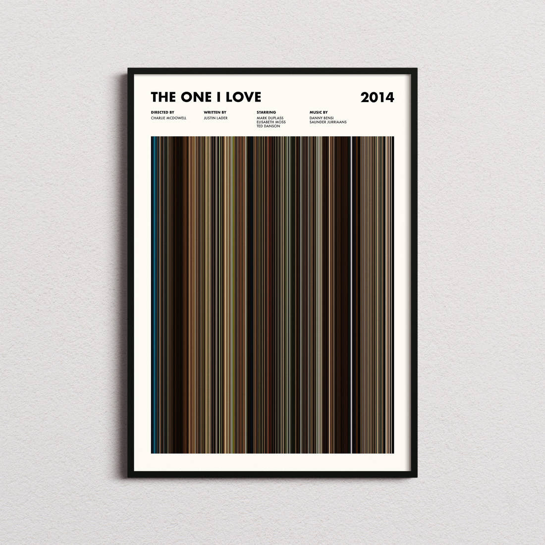 The One I Love Movie Barcode Poster framed on a plain studio wall