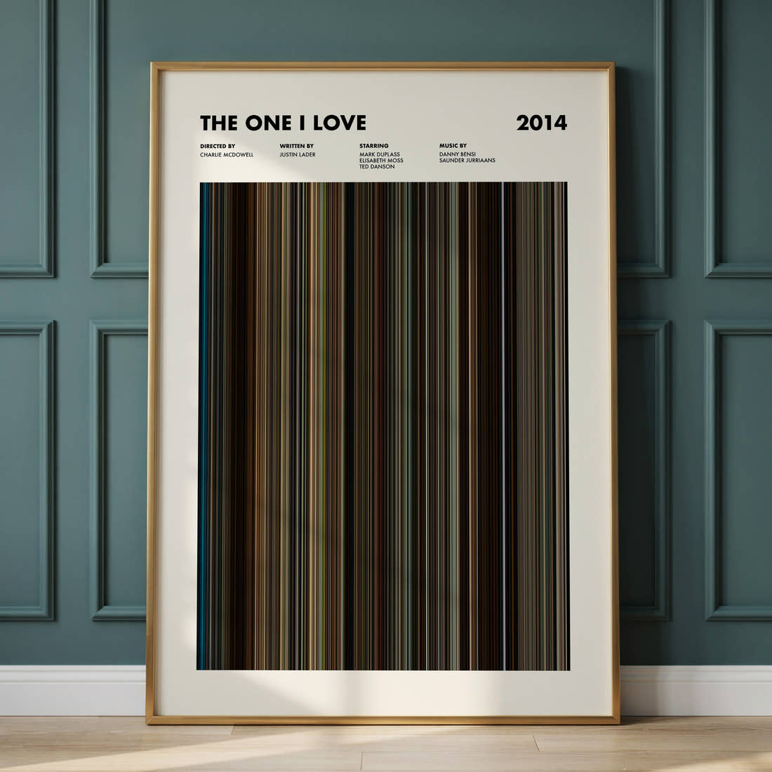 The One I Love Movie Barcode Poster framed and leaning against a panelled wall