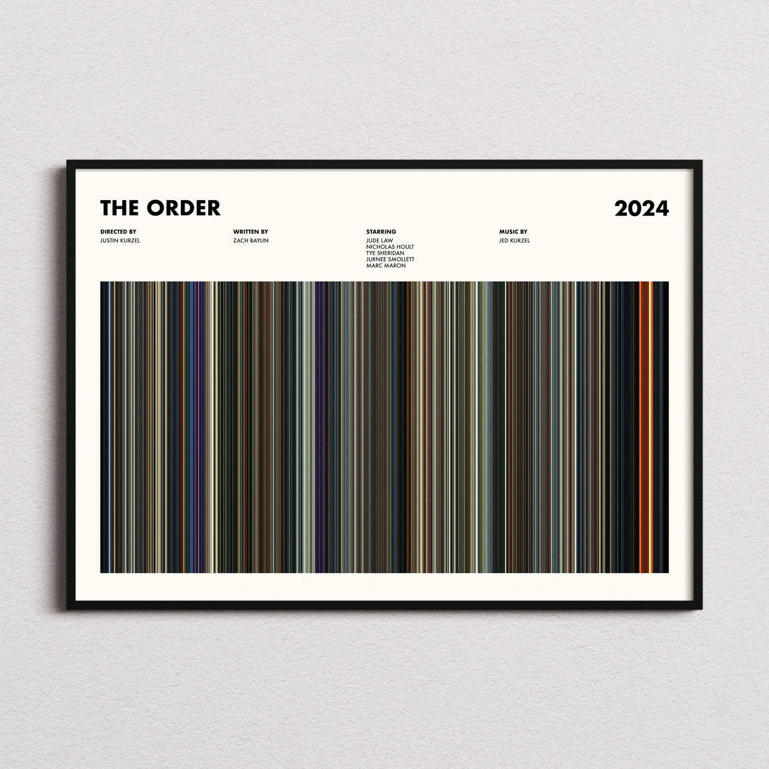 The Order Movie Barcode Poster framed and photographed straight on