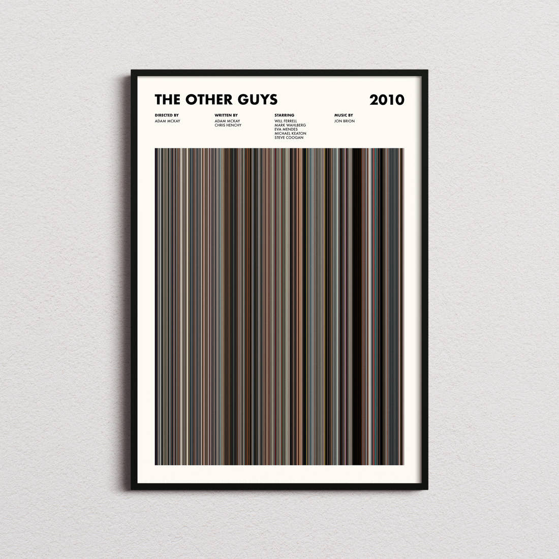 The Other Guys Movie Barcode Poster framed on a plain studio wall