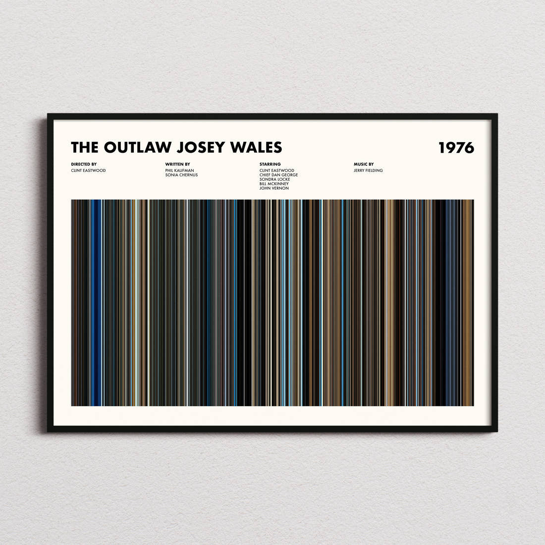 The Outlaw Josey Wales Movie Barcode Poster framed and photographed straight on