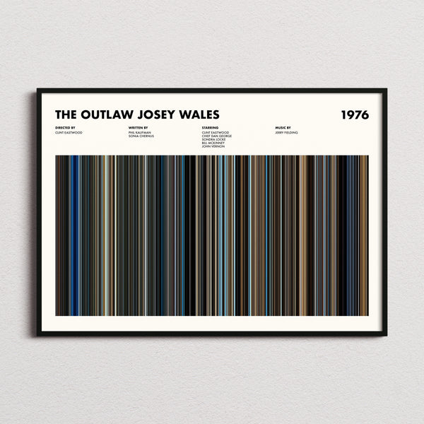The Outlaw Josey Wales Movie Barcode Poster framed and photographed straight on