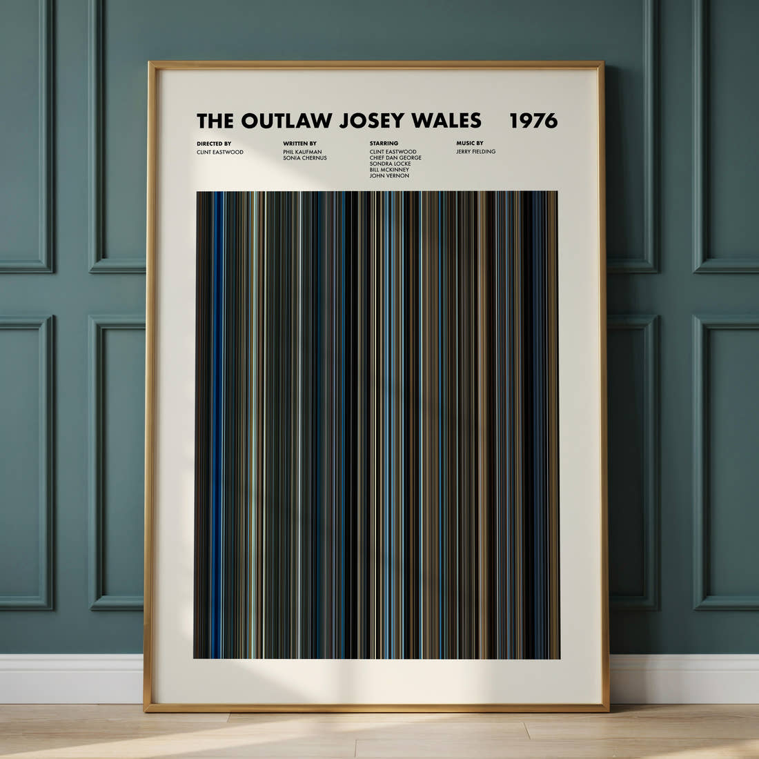 The Outlaw Josey Wales Movie Barcode Poster framed and leaning against a panelled wall