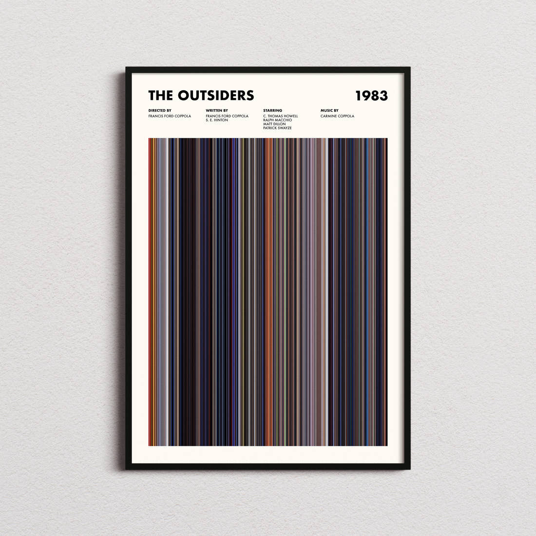 The Outsiders Movie Barcode Poster framed on a plain studio wall