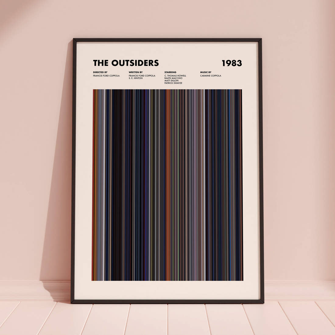 The Outsiders Movie Barcode Poster framed and leaning against a coloured wall