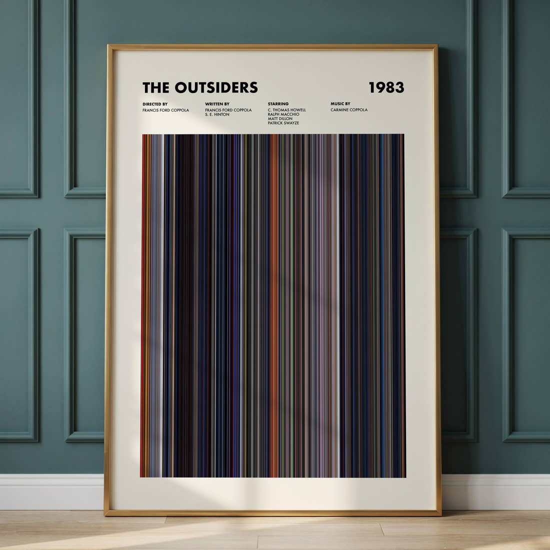 The Outsiders Movie Barcode Poster framed and leaning against a panelled wall