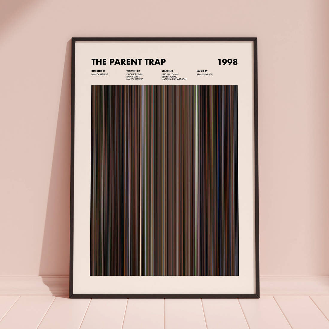The Parent Trap Movie Barcode Poster framed and leaning against a coloured wall