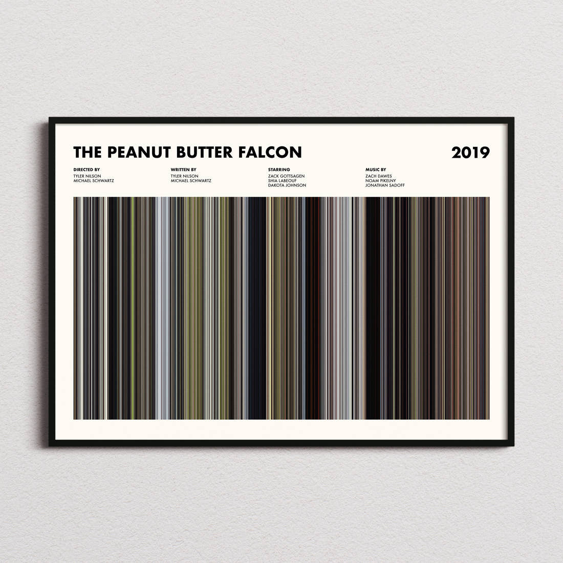 The Peanut Butter Falcon Movie Barcode Poster framed and photographed straight on