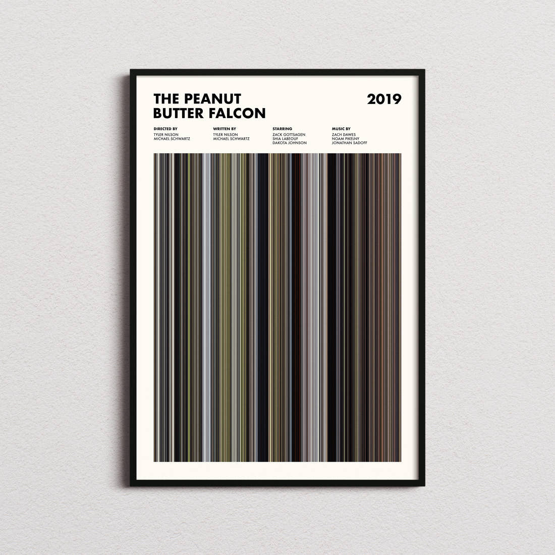 The Peanut Butter Falcon Movie Barcode Poster framed on a plain studio wall