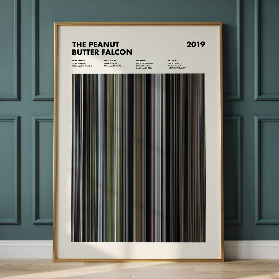 The Peanut Butter Falcon Movie Barcode Poster framed and leaning against a panelled wall