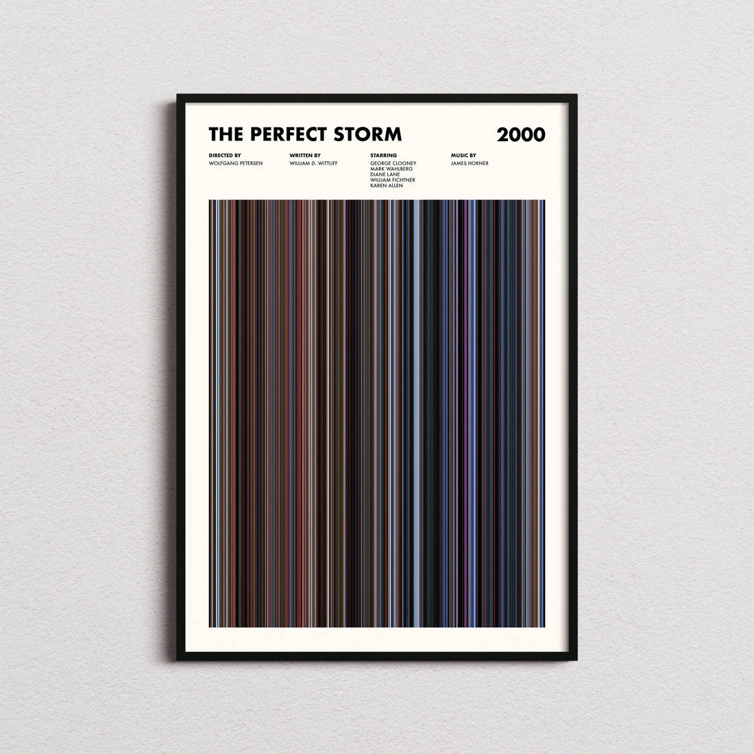 The Perfect Storm Movie Barcode Poster framed on a plain studio wall