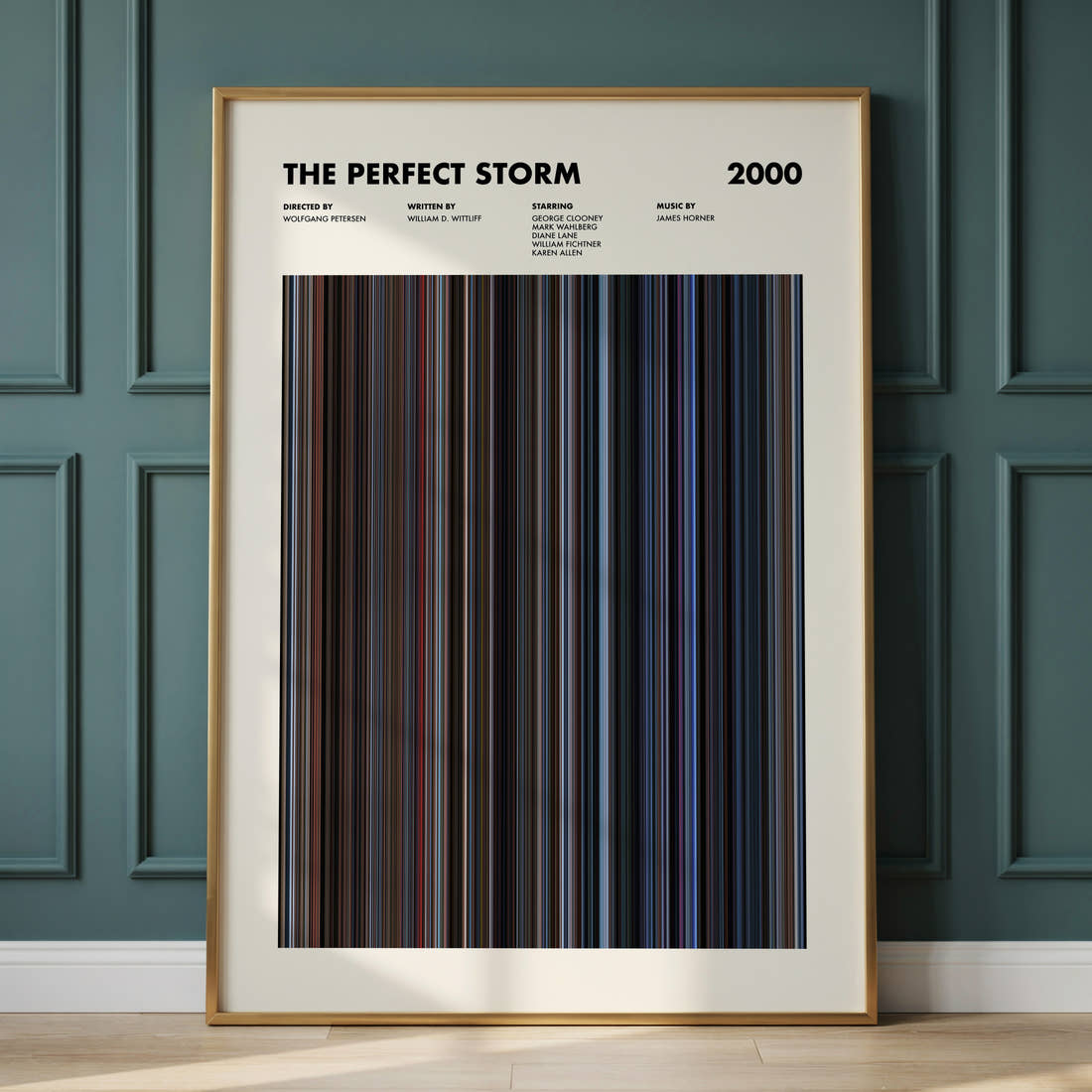 The Perfect Storm Movie Barcode Poster framed and leaning against a panelled wall