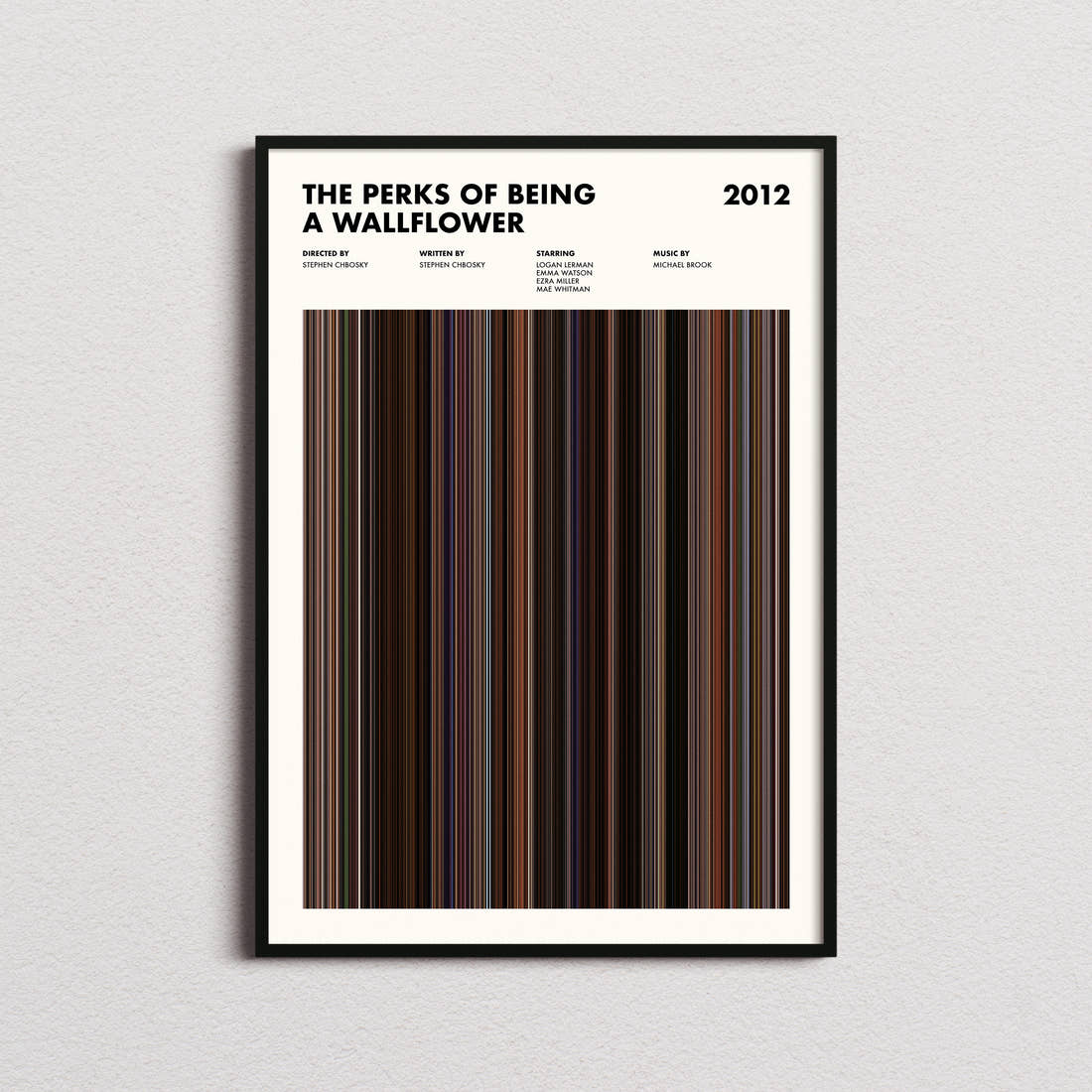 The Perks Of Being A Wallflower Movie Barcode Poster framed on a plain studio wall